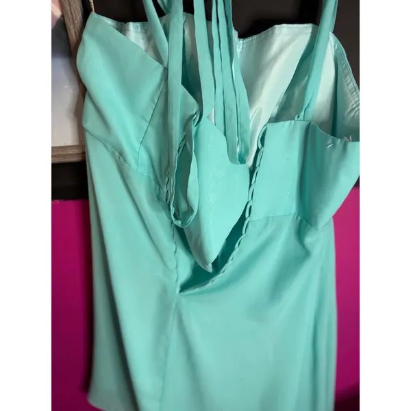 Aqua Blue Pleated Rhinestone Brooch Corset Back‎ Formal Cocktail Dress Size 10 - Image 9
