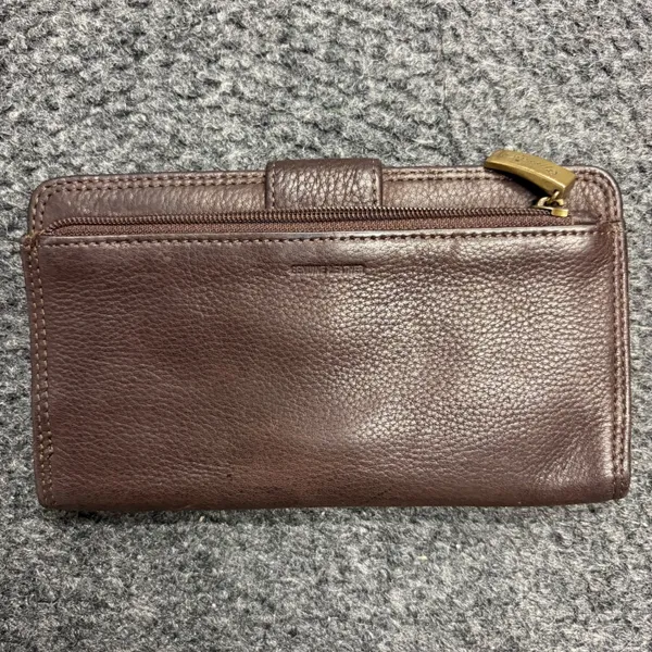 Fossil Brown Smooth Leather Bifold Clutch Wallet Snap Closure ID Window Pen Loop - Image 2