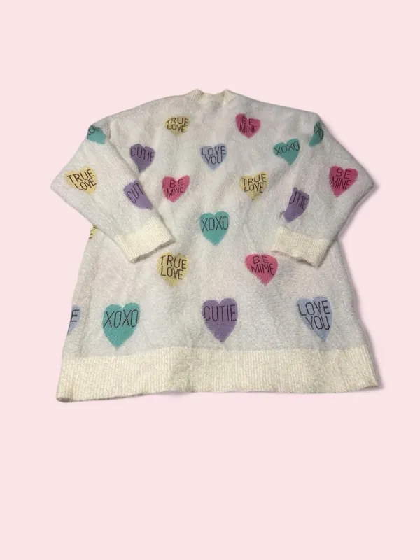 White Heart Print Open-Front Cardigan Sweater - Image 2