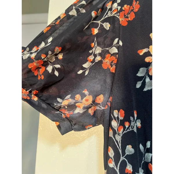 Ember Women's Size Medium Midi Dress Black Orange Floral V-Neck Short Sleeve - Image 7