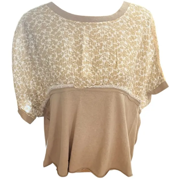Easel Short Dolman Sleeve Tee Size L (oversized 28” PTP) Beige White Floral - Image 3