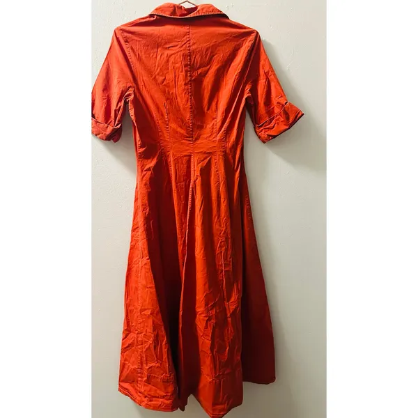 STAUD Red Cotton Blend Collared Neckline Front Button Closure Short Sleeve Dress - Image 3