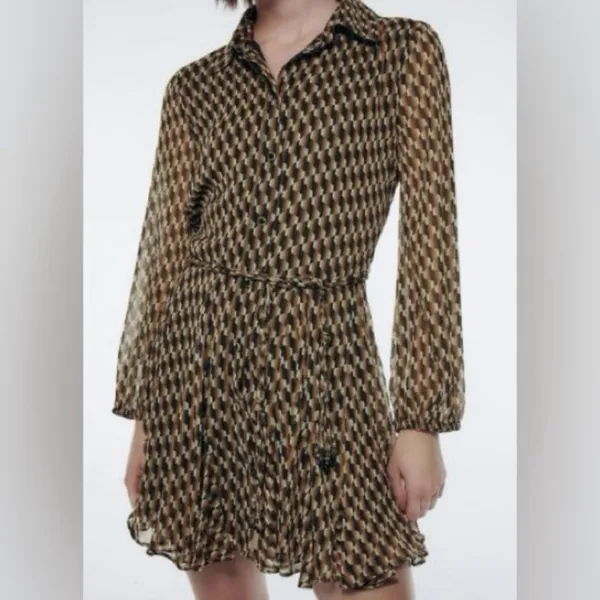 Zara | Dresses | Zara Retro Geo Print brown & Black button down tie dress XS - Image 4