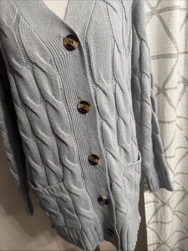 Women's Light Blue Cable-Knit Button Cardigan Sweater - Image 6