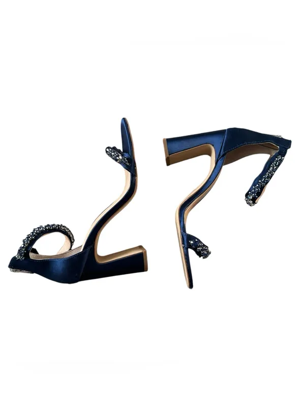 Jewel BADGLEY MISCHKA Embellished Navy Ankle-Strap Block Heel Sandal 7.5 - Image 4