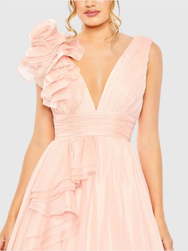 Mac Duggal 48856 Light Pink Ruffle Shoulder V-Neck Chiffon Gown sz 8 - Image 2