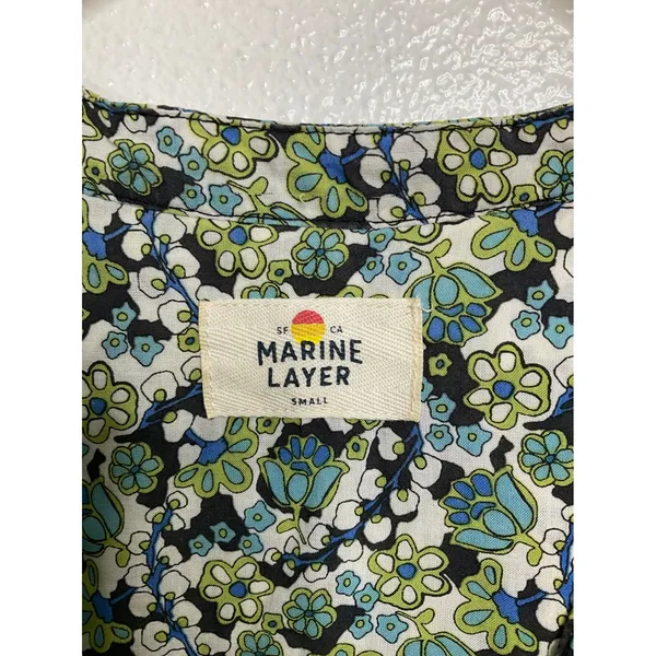 Marine Layer Floral V-Neck Short Sleeve Blouse Green Blue‎ Small 15387 - Image 3
