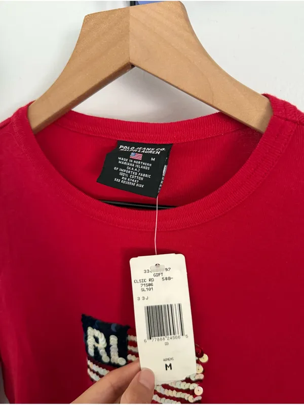 Polo Ralph Lauren Medium NEW Red Long Sleeve Sequin Flag Y2K Vintage Retro - Image 2