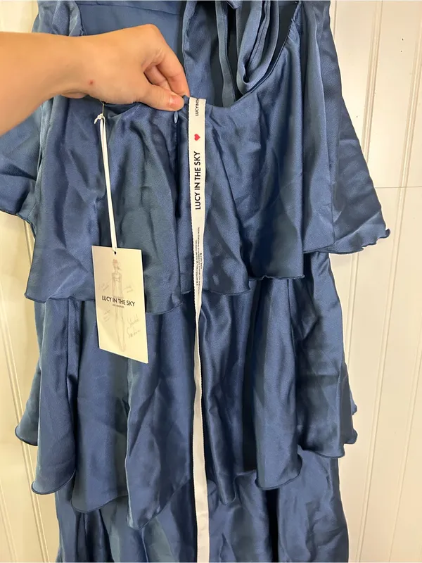 Lucy in the Sky Satin Ruffle Maxi Dress in Slate Blue Size Large - Image 8