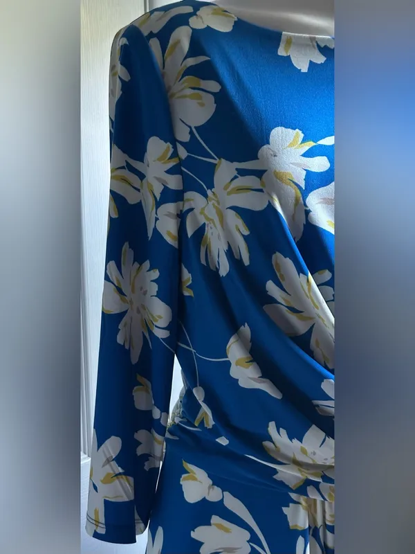 TOMMY HILFIGER Blue & White Floral Draped Midi 3/4th Sleeves Dress Sz 12 - Image 11