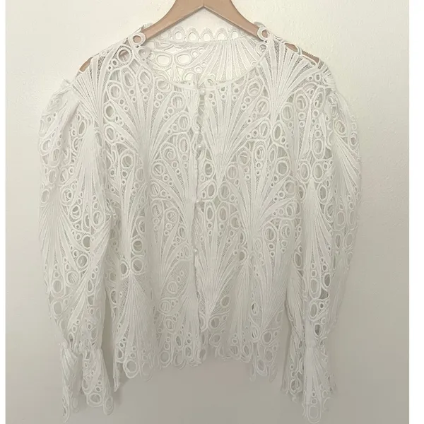 Hollow Lace Top Sz L White Guipure Romantic Sleeves Coquette Feminine Victorian - Image 3