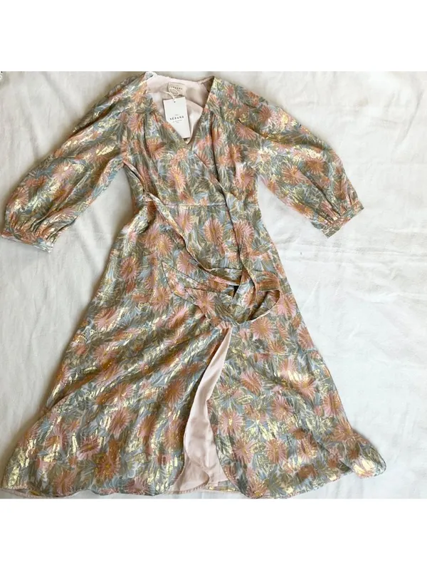 RARE NWT Sezane Orchidee Metallic golden Wrap silk midi Dress bust 38 SZ38 US6 - Image 2