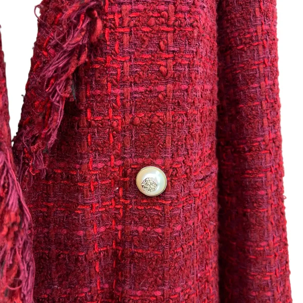 Zara Tweed Blazer Jacket‎ Coat Gold Buttons Frayed Hem Red Size Small - Image 8