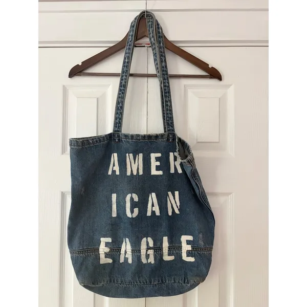 American Eagle‎ Outfitters Blue Denim Tote Bag Stenciled Logo Distressed Cotton - Image 3