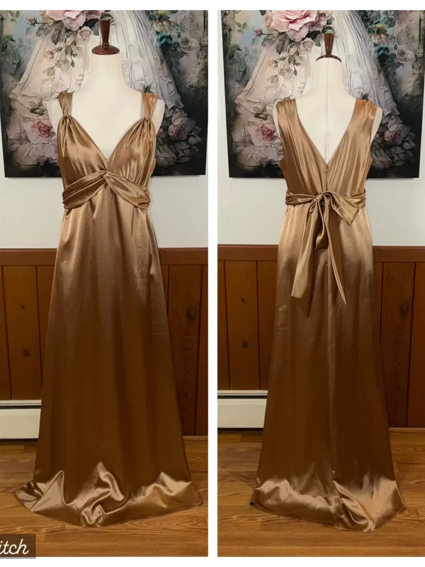 Beautiful New David's Bridal Antique Gold Satin Twist-Front Gown - Image 2