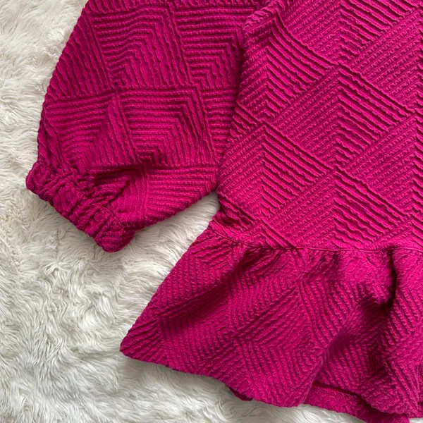 Anthropologie Maeve Blouse Mikayla Peplum Top Textured 3/4 Sleeves Pink M - Image 6