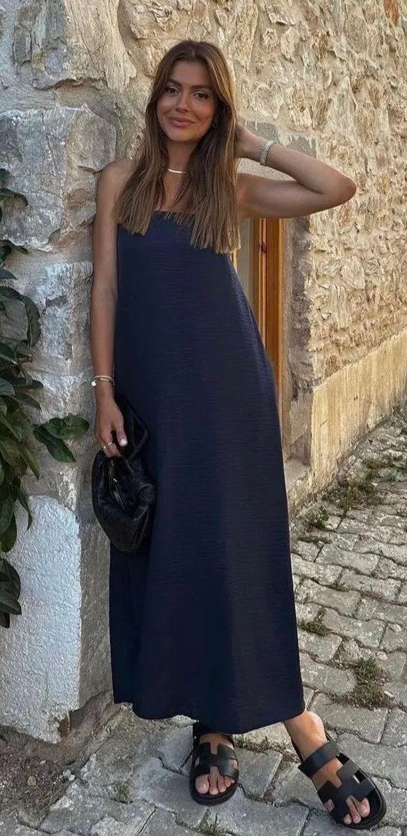 Zara strapless tube flowy navy blue summer vacation casual dress - Image 3