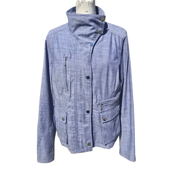 White House Black‎ Market -961 WHBM Chambray Moto Jacket Womens 14 - Image 2
