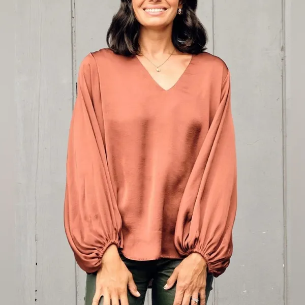 Jodifl Balloon Sleeve Blouse Terracotta Boho V-Neck Textured Top Womens‎ Medium - Image 2