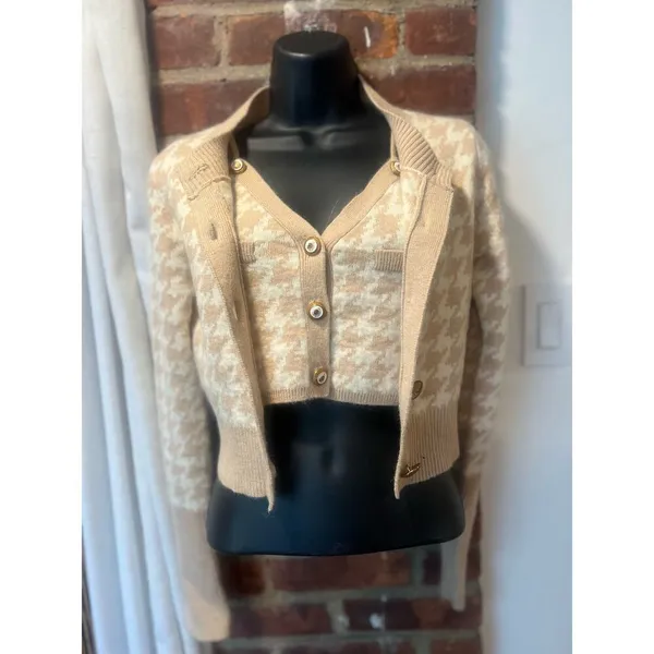 Preppy Houndstooth Cropped Cardigan & Cami Set Y2K Collegiate Small - Image 3
