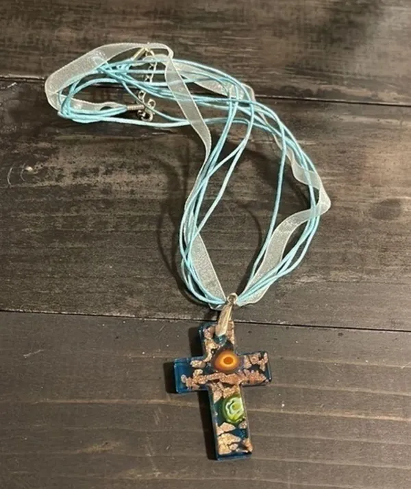 Handmade Glass cross with ribbon necklace. - Image 4