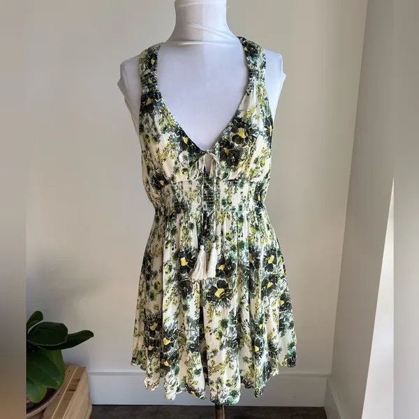 Free People Washed Ashore Floral Print Mini Dress Boho Ivory Green Women Size M - Image 3