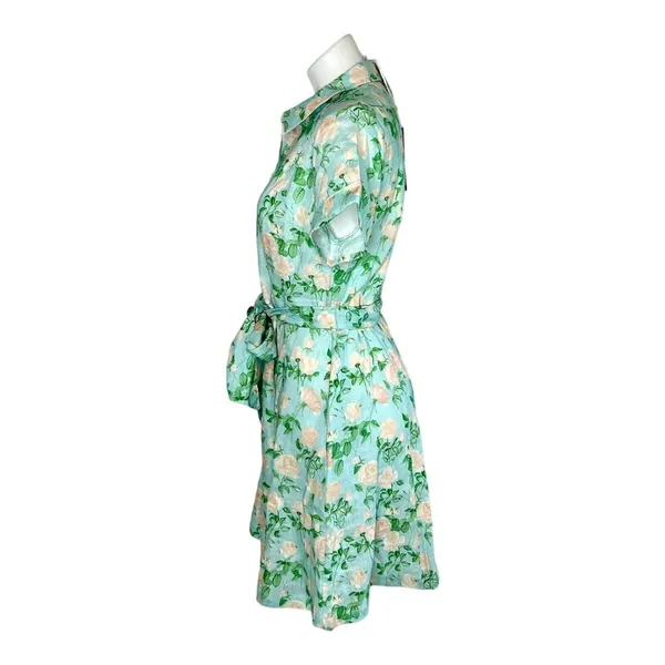 New HILL HOUSE HOME Blue Roses Linen Laura Dress Size Small Button Front Belted - Image 2