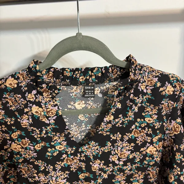 SHEIN Black Floral Tiered Ruffled V-Neck Collar Mini Dress - Image 6