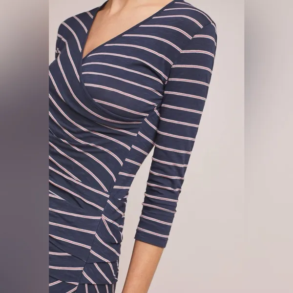NEW Anthropologie Sundry Fabian Faux Wrap‎ Striped Shirt Dress Women’s 1/S Navy - Image 3