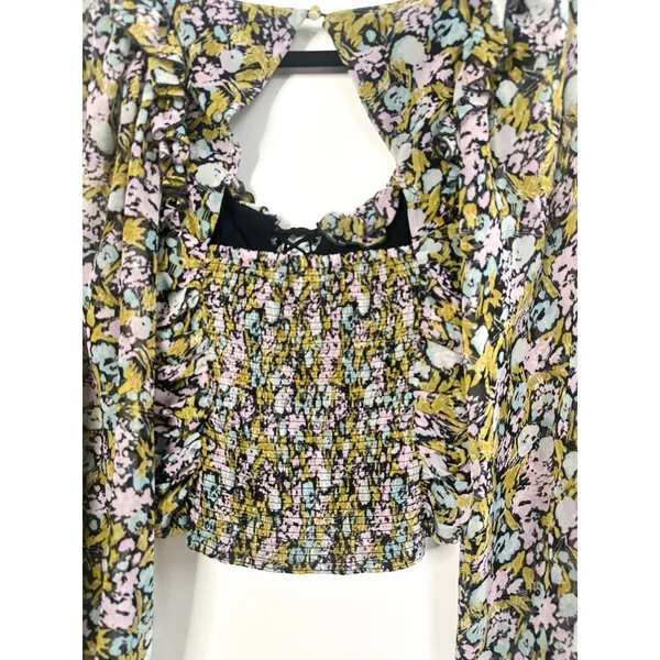Free People Mabel Floral Printed‎ Ruched Smocked Crop Top Long Sleeve Blouse S - Image 10