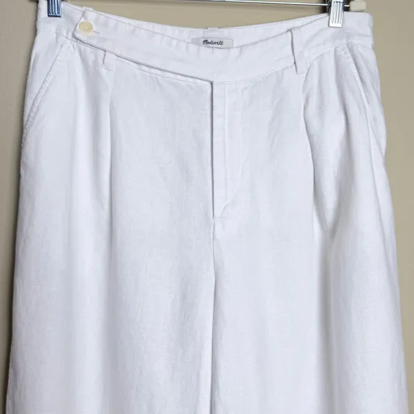 Madewell Harlow 100% Linen Pants 14 White Wide Leg Coastal Pleated Pockets - Image 3