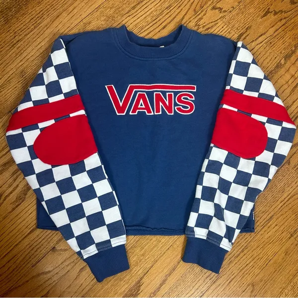 VANS BMX Crew Neck Checked Sleeve Cropped Sweatshirt Size S - Image 6