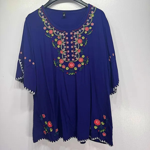 Ashir Aley Blue Embroidered Floral Boho Flowy Short Sleeve Top Size Large - Image 2