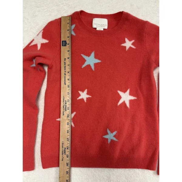 CYNTHIA ROWLEY 100% 2- PLY CASHMERE Sweater Coral Red Stars Embellished Sz‎ M - Image 5