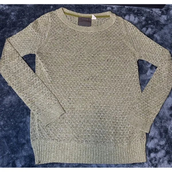 Guinevere Anthropologie Hemp Blend Open Knit Sweater Olive Gold Metallic Medium - Image 3