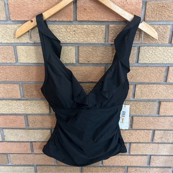 NWT DKNY Women's Ruffled V Neck Tankini Swim Top Size Small Black - Image 2