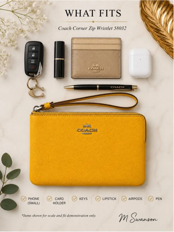 Coach Corner Zip Wristlet 58032 Yellow Crossgrain Leather EUC - Image 6