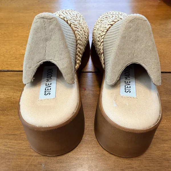 Steve Madden Raffia Platform Slide Sandals‎ Tan Woven Wedge size 37 Italy - Image 6