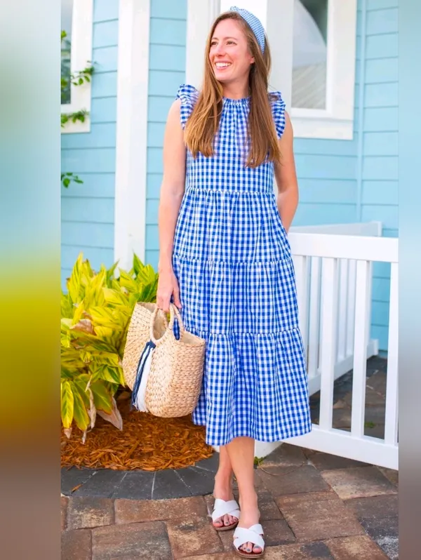 NWT J.Crew Tiered Ruffle-Sleeve Midi in Sapphire Gingham Cotton Dress XS - Image 2