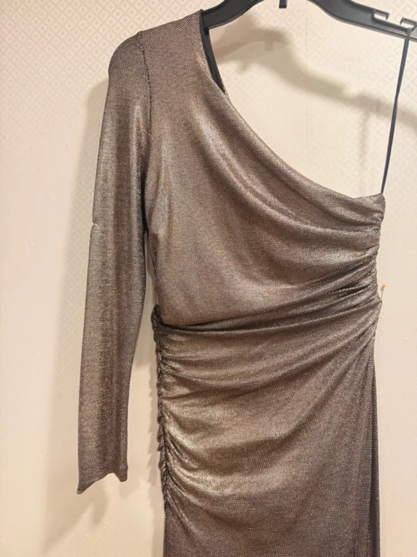 NWT Zara Metallic Bronze One Shoulder Ruched High Slit Asymmetrical Maxi Dress S - Image 5