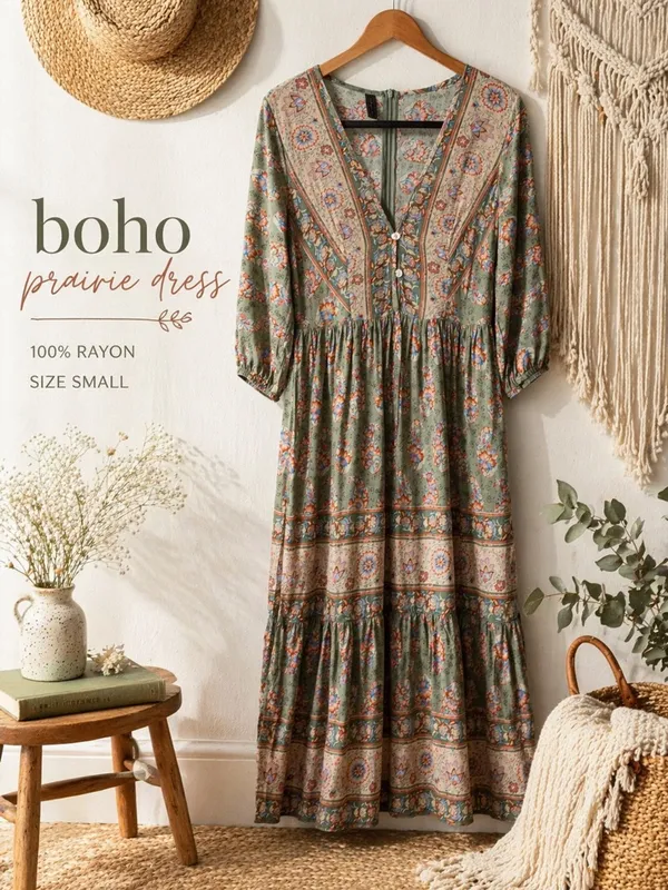 Boho Prairie Midi Dress Floral Rayon Cottagecore Peasant Small - Image 2