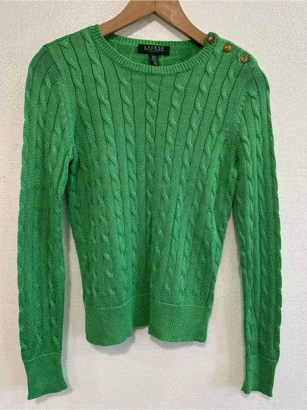 Lauren Ralph Lauren Green Cable Knit Sweater Gold Shoulder Buttons PXS - Image 2