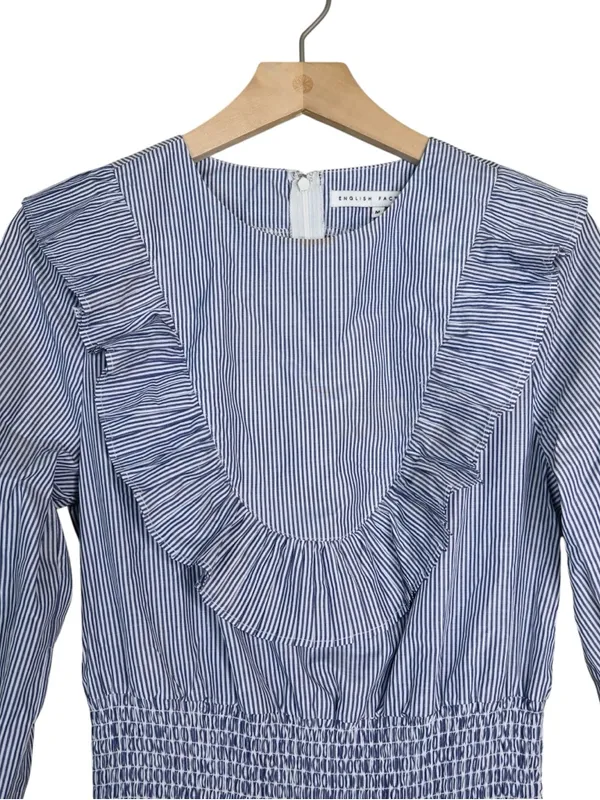 English Factory Women's M Striped Long Sleeve Smocked Waist Lined Mini Dress - Image 3