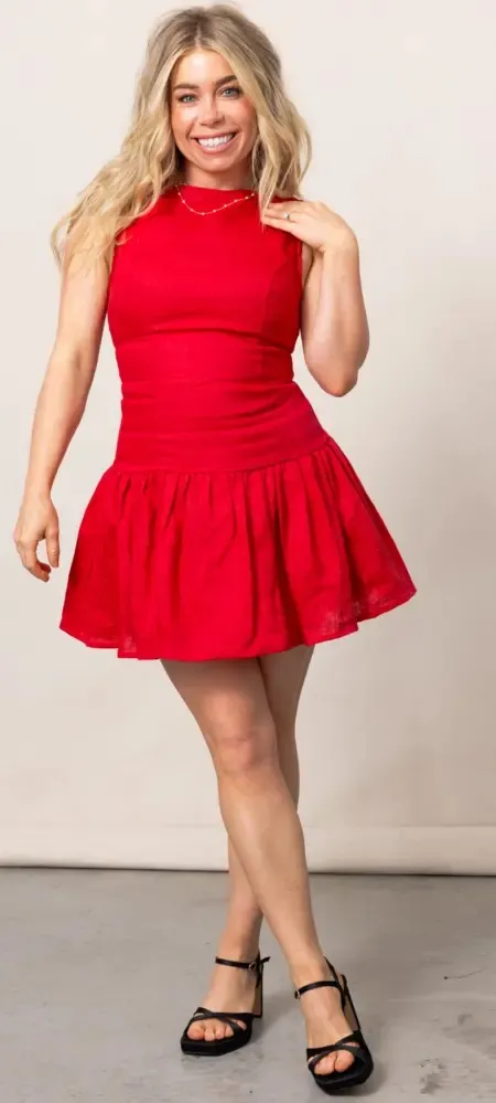 Sofie The Label Mixed Material High Neck Bubble Skirt Crimson Red Size M - Image 4