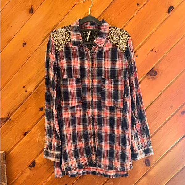 Free people little bit of sugar red plaid sequin flannel shirt - Image 5