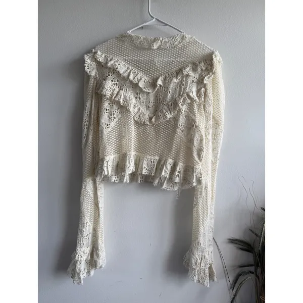 Anthropologie Ivory Lace Ruffle Cropped Cardigan Top Womens Size L‎ Eyelet Boho - Image 2