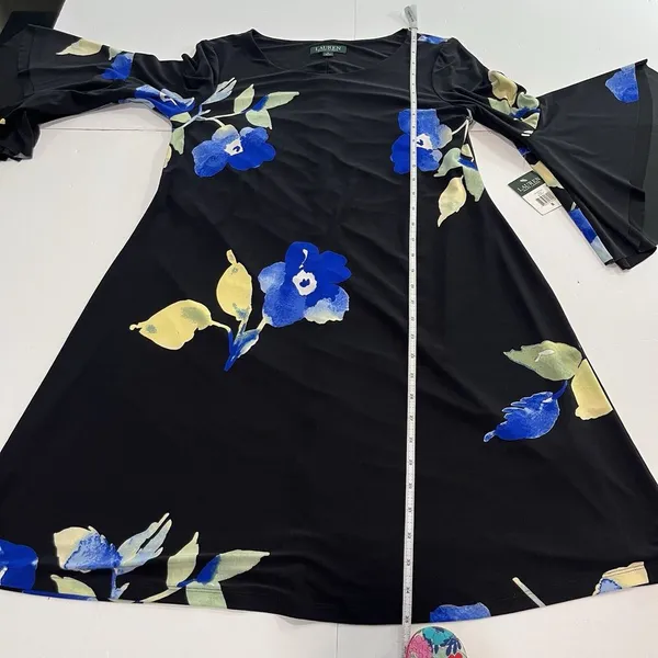 NWT‎ Ralph Lauren Blue Floral Black 3/4 Bell Sleeve Stretch Dress Size 8 - Image 10