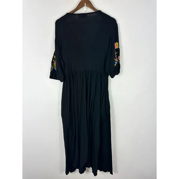 Asos Black Floral Embroidered Midi Dress 8 Button Short Sleeve Dark Cottage Boho - Image 2