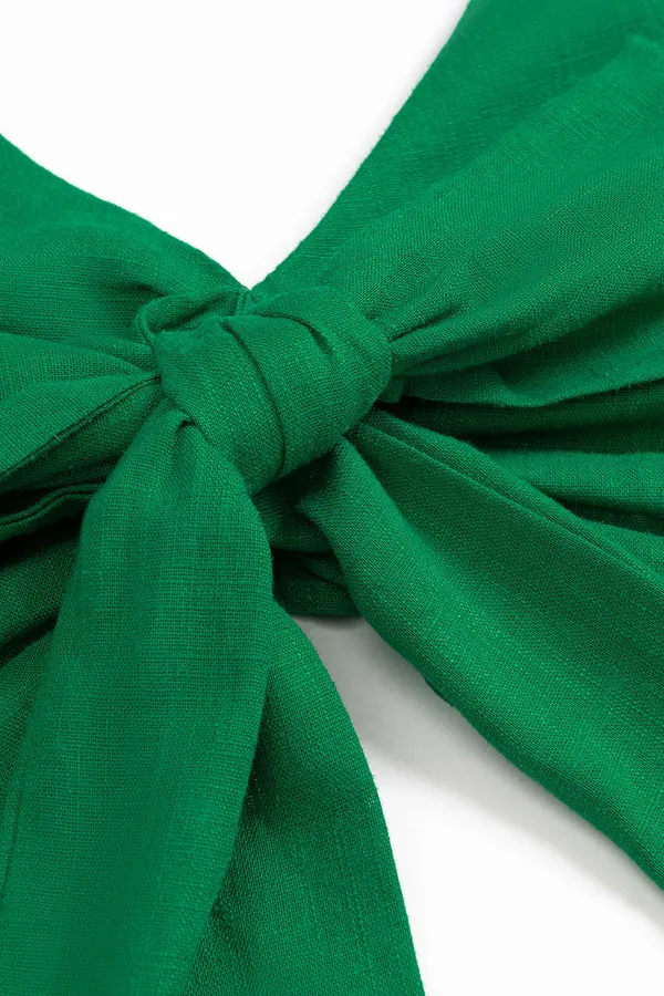 MICAS Green Linen V-Neck Halter Tie-Front Ruched Zipper Backless Cami Top - Image 3