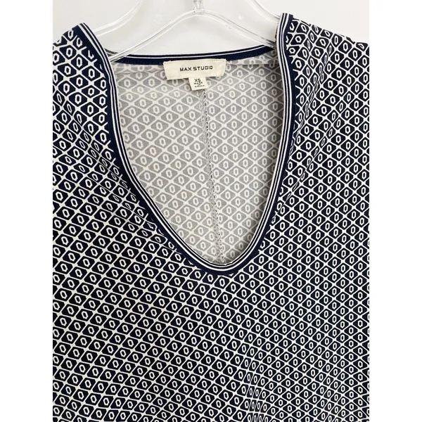 Max Studio Womens‎ XS Navy Geometric V-Neck Bell Sleeve Paisley Knit Dress - Image 3